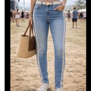 7 For All Mankind High Waist Ankle Skinny Jeans Blue Glitter Side Stripe Womens